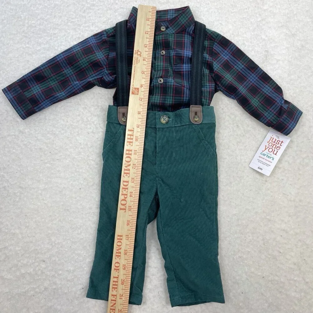 CARTERS Just One You Suspender 3-Pc Plaid Top Green Corduroy Pants Boy 6 Months
